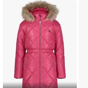 NWT Tommy Hilfiger Big Girls Diamond Quilt Long Hooded Puffer Jacket dark pink